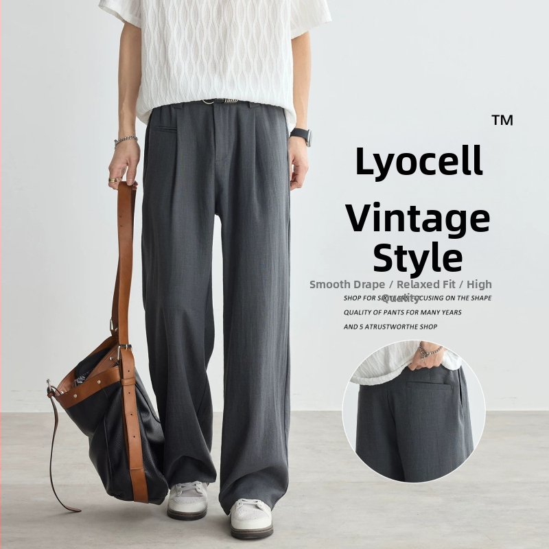 Мъжки лятни панталони Lyocell стил Old Money casual панталони със прав крак и широки крачоли дълги