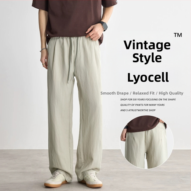 Мъжки лятни панталони Lyocell стил Old Money casual панталони със прав крак и широки крачоли дълги