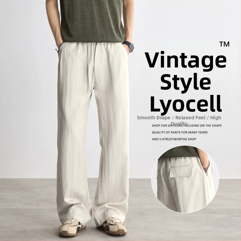 Мъжки лятни панталони Lyocell стил Old Money casual панталони със прав крак и широки крачоли дълги