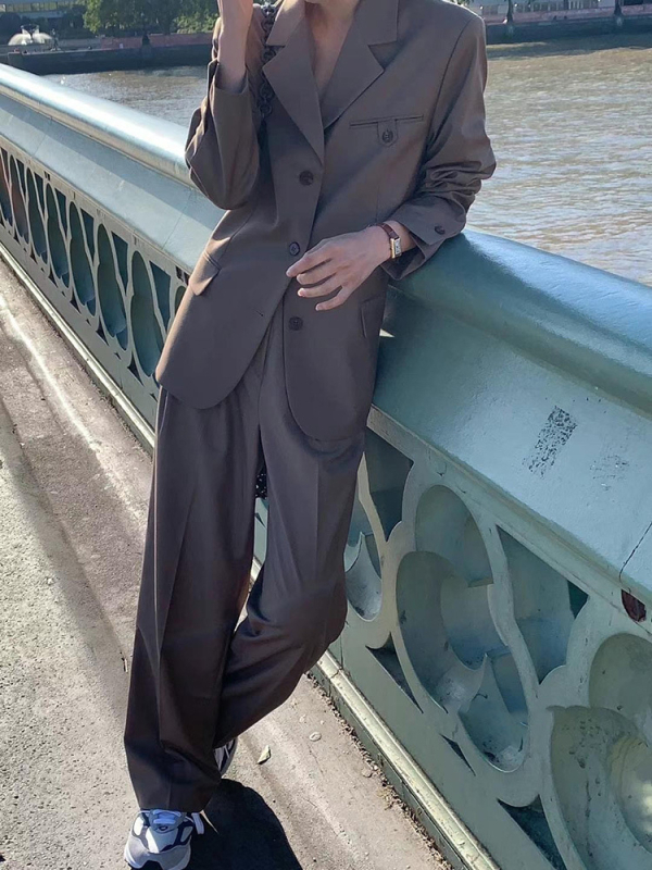 Ženski set s blejzerom i širokim hlačama do poda, korejski casual stil