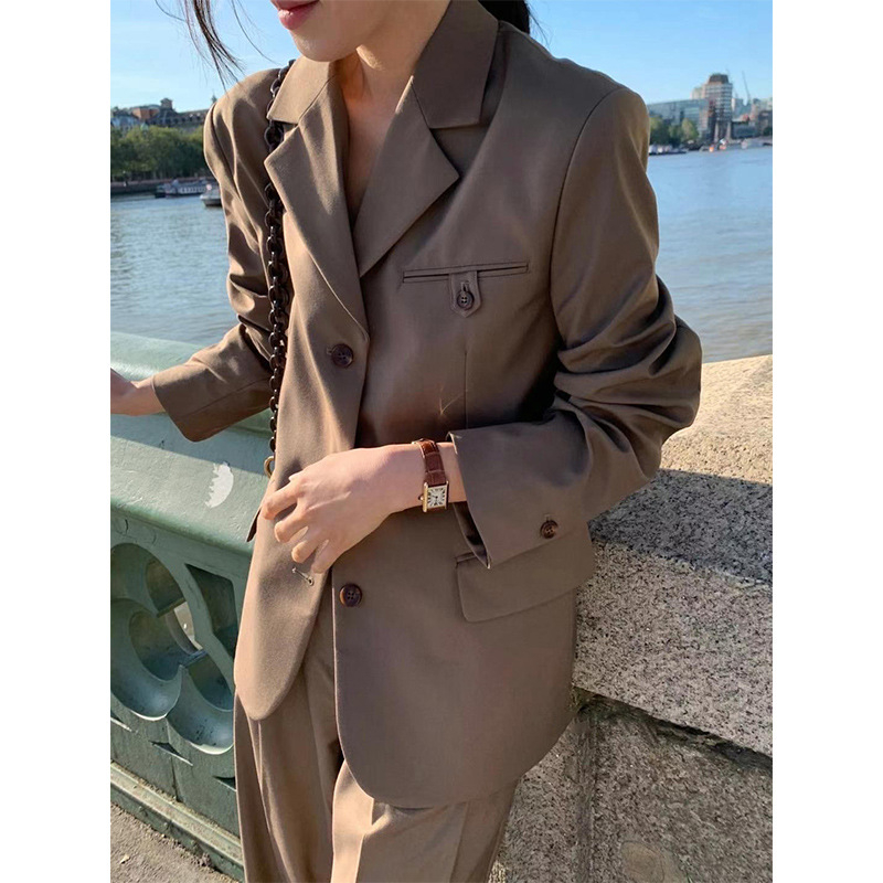 Ženski set s blejzerom i širokim hlačama do poda, korejski casual stil