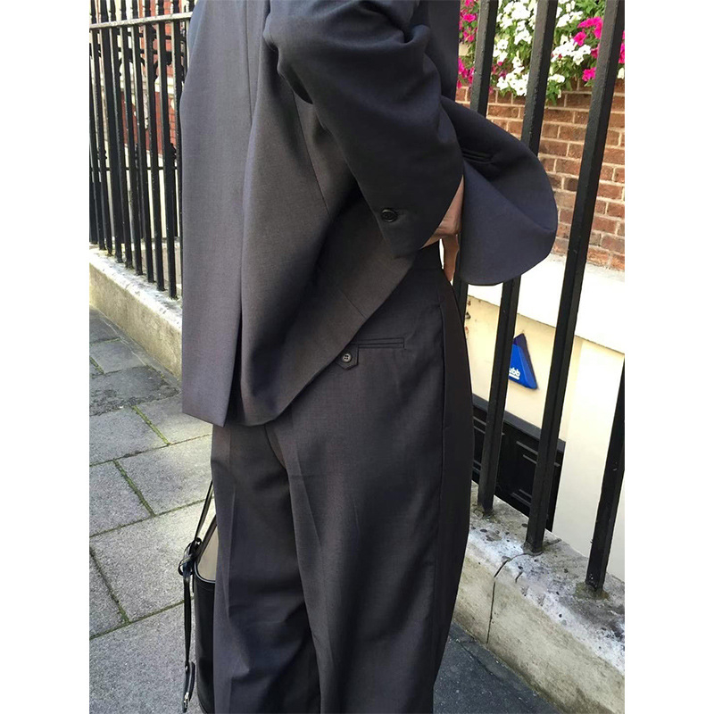 Ženski set s blejzerom i širokim hlačama do poda, korejski casual stil