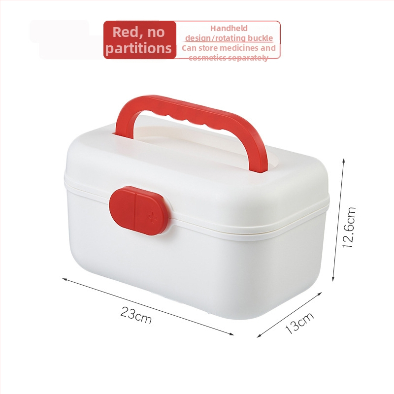 Cutie de medicamente pentru uz casnic, cu mai multe compartimente, pentru organizarea medicamentelor obișnuite și a celor pentru copii; trusă de prim-ajutor portabilă.