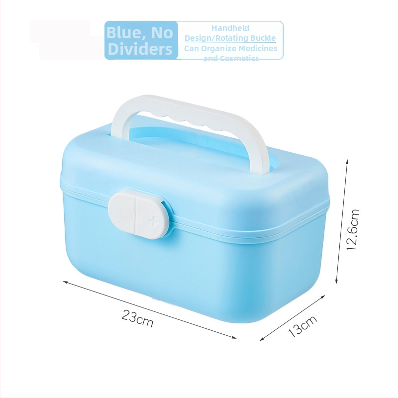 Cutie de medicamente pentru uz casnic, cu mai multe compartimente, pentru organizarea medicamentelor obișnuite și a celor pentru copii; trusă de prim-ajutor portabilă.