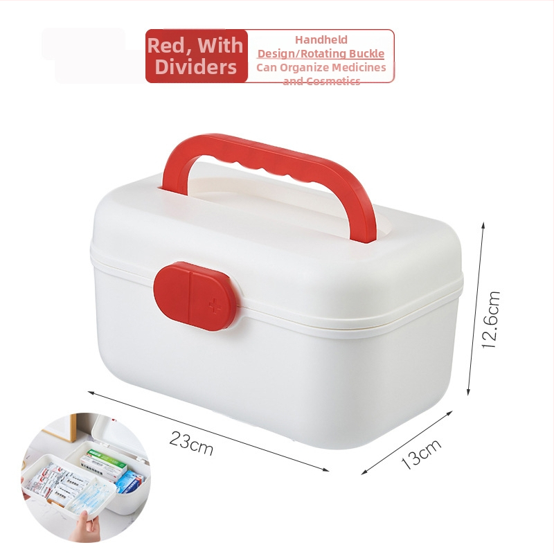 Cutie de medicamente pentru uz casnic, cu mai multe compartimente, pentru organizarea medicamentelor obișnuite și a celor pentru copii; trusă de prim-ajutor portabilă.