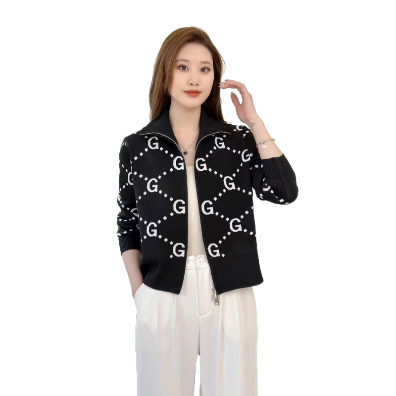 Kardigan s patentnim zatvaračem, stojeći ovratnik, jacquard pletenina, kratka verzija, elegantan i svestran