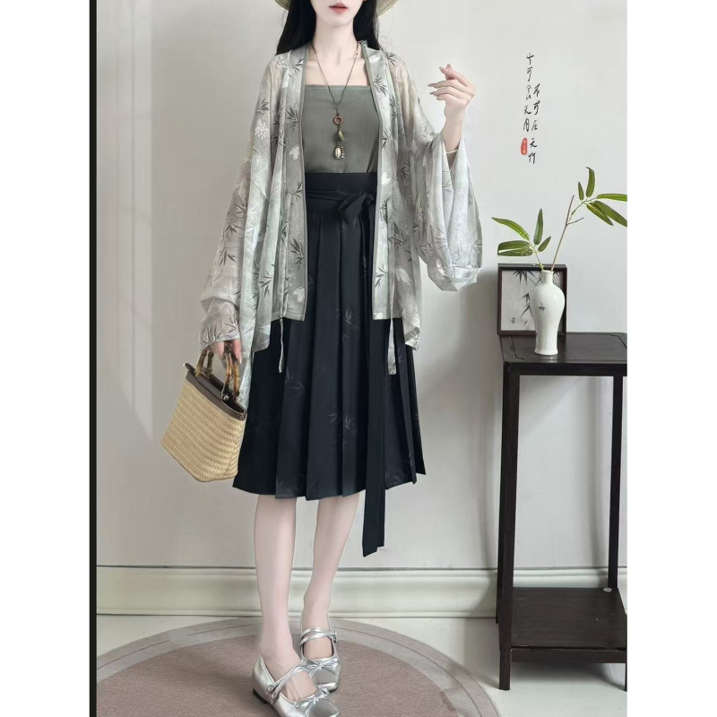 Ženski Hanfu set u novom kineskom stilu, plisirana bluza s floralnim printom, za ljeto i svakodnevnu upotrebu