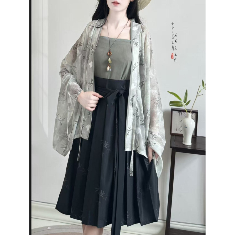 Ženski Hanfu set u novom kineskom stilu, plisirana bluza s floralnim printom, za ljeto i svakodnevnu upotrebu