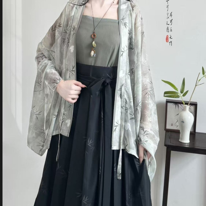 Ženski Hanfu set u novom kineskom stilu, plisirana bluza s floralnim printom, za ljeto i svakodnevnu upotrebu