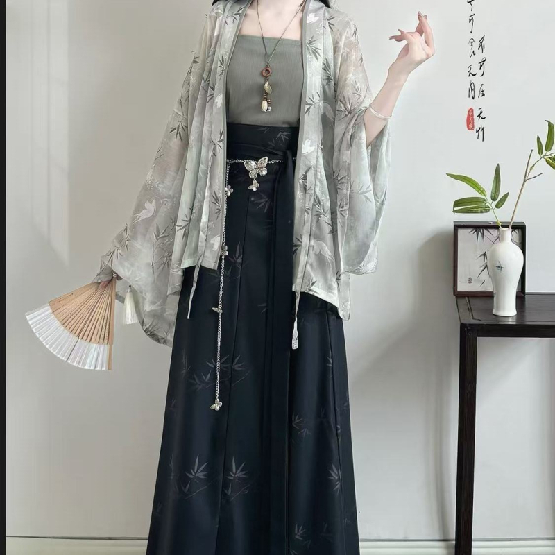 Ženski Hanfu set u novom kineskom stilu, plisirana bluza s floralnim printom, za ljeto i svakodnevnu upotrebu