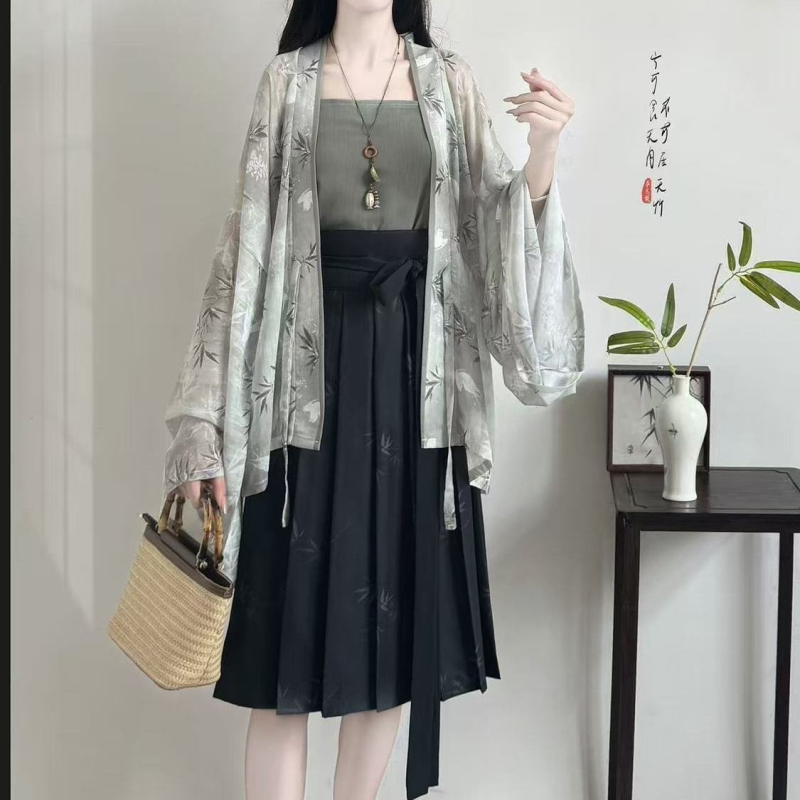 Ženski Hanfu set u novom kineskom stilu, plisirana bluza s floralnim printom, za ljeto i svakodnevnu upotrebu