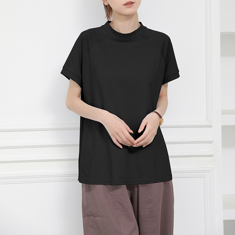 Ženski pamuk kratkih rukava T-shirt sa stojećim ovratnikom, bočni prorez, jednofarbni, japanski stil casual top