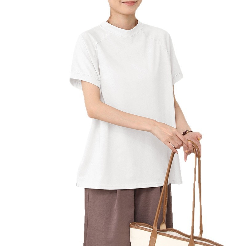 Ženski pamuk kratkih rukava T-shirt sa stojećim ovratnikom, bočni prorez, jednofarbni, japanski stil casual top