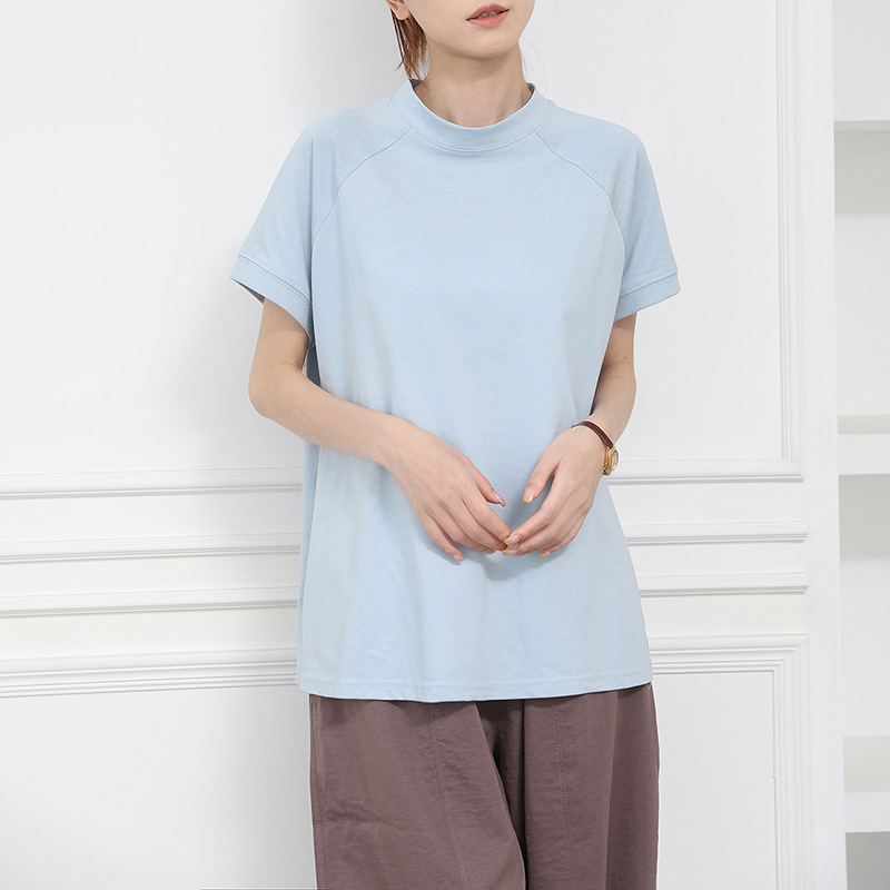 Ženski pamuk kratkih rukava T-shirt sa stojećim ovratnikom, bočni prorez, jednofarbni, japanski stil casual top
