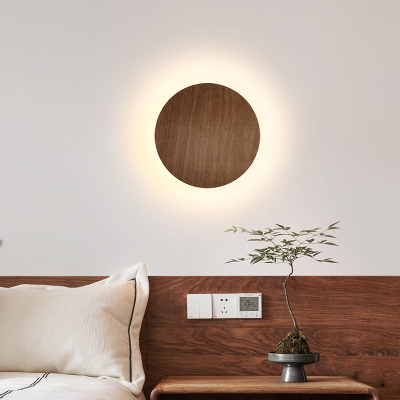 LED zidna svjetiljka, boja oraha, neokineski stil, kružnog oblika, za spavaću sobu, radnu sobu, noćni stočić, dnevni boravak i pozadinski zid televizora