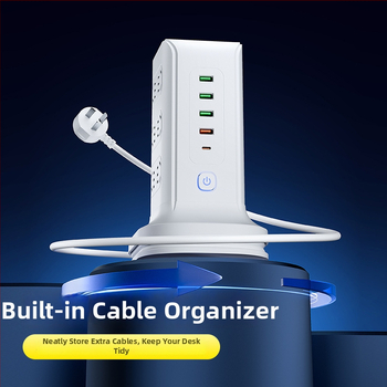 Вертикална медна многоразетна розетка с USB портове, офисна употреба, 20W бързо зареждане, интелигентна захранваща лента.