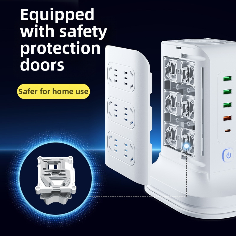 Вертикална медна многоразетна розетка с USB портове, офисна употреба, 20W бързо зареждане, интелигентна захранваща лента.