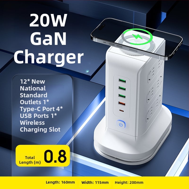 Вертикална медна многоразетна розетка с USB портове, офисна употреба, 20W бързо зареждане, интелигентна захранваща лента.