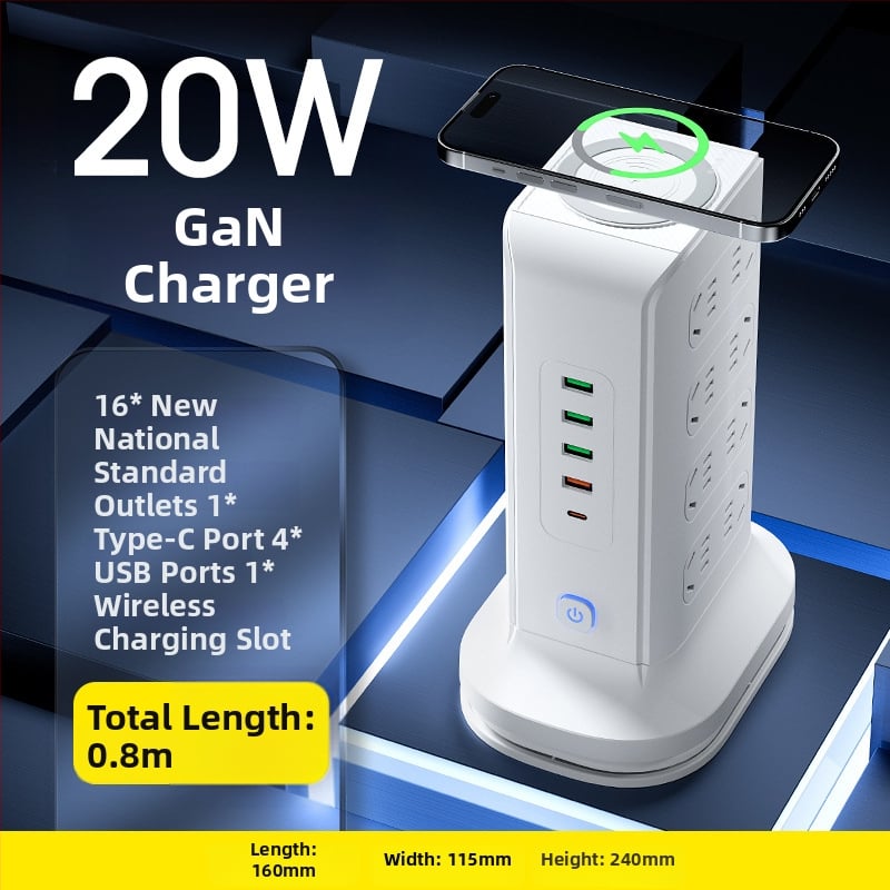 Вертикална медна многоразетна розетка с USB портове, офисна употреба, 20W бързо зареждане, интелигентна захранваща лента.