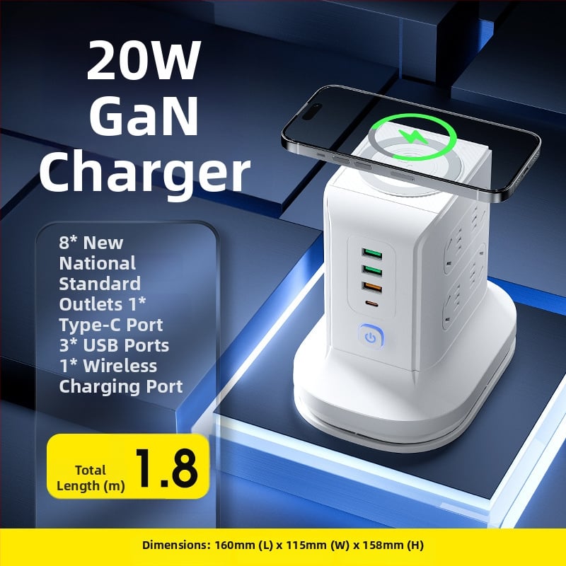 Вертикална медна многоразетна розетка с USB портове, офисна употреба, 20W бързо зареждане, интелигентна захранваща лента.