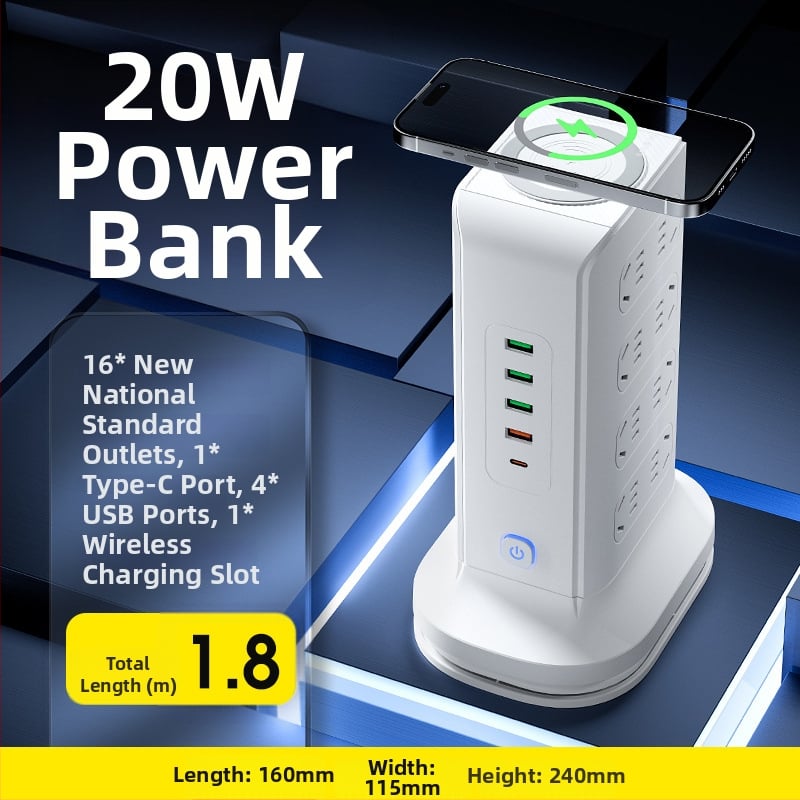 Вертикална медна многоразетна розетка с USB портове, офисна употреба, 20W бързо зареждане, интелигентна захранваща лента.
