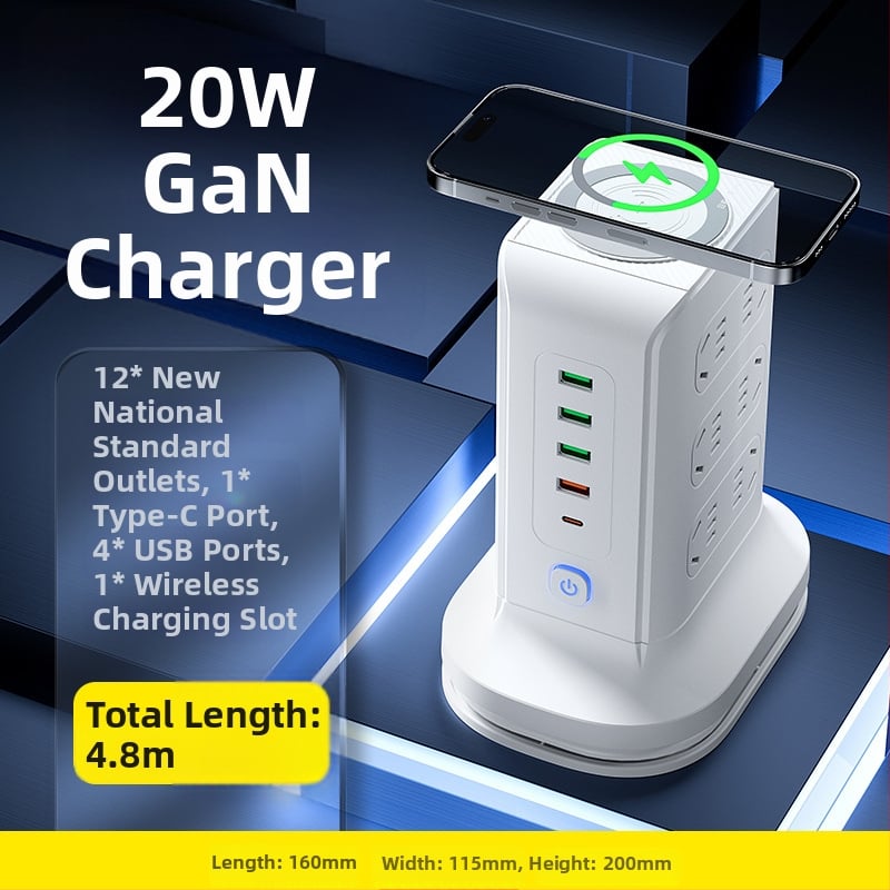 Вертикална медна многоразетна розетка с USB портове, офисна употреба, 20W бързо зареждане, интелигентна захранваща лента.