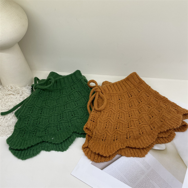 Jesenska tekstura, korejski stil, pleteni vanjski sloj s toplom vunenom lažnom ovratnicom, ženski zimski šal-kapa