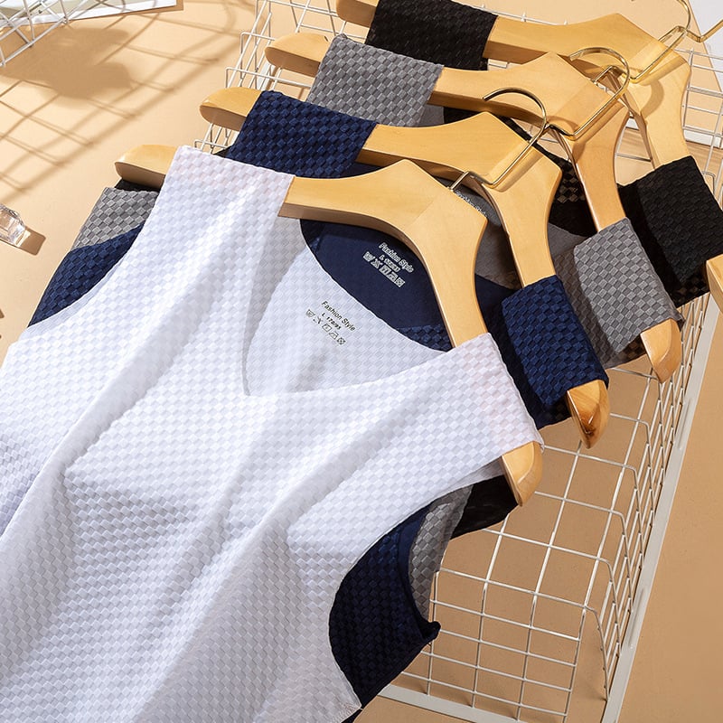 Мъжки потник с клетъчен модел от ледена коприна, летен тънък спортен базов слой за фитнес, бързосъхнещ и дишащ, безшевен дизайн, с широки презрамки