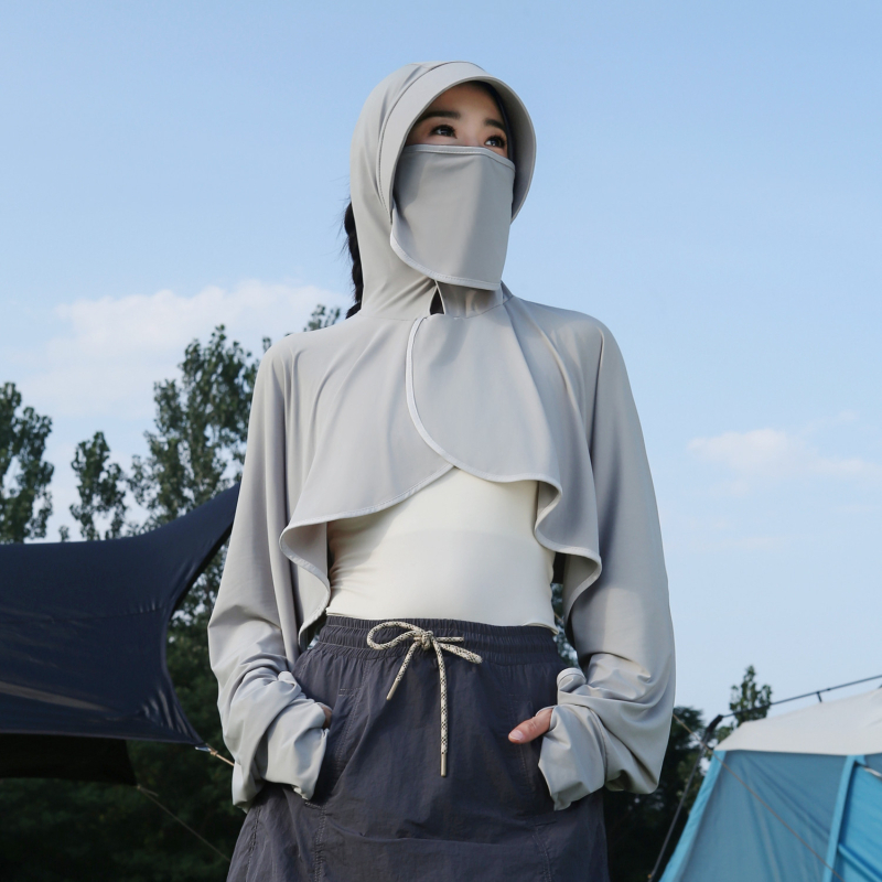 Šál s kapucňou a ochranným plášťom proti slnku Ice Silk s rukávmi, voľný a priedušný letný cyklistický top s integrovanou maskou na tvár