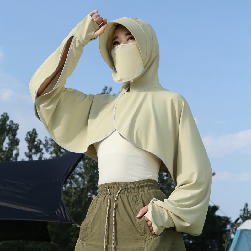 Šál s kapucňou a ochranným plášťom proti slnku Ice Silk s rukávmi, voľný a priedušný letný cyklistický top s integrovanou maskou na tvár