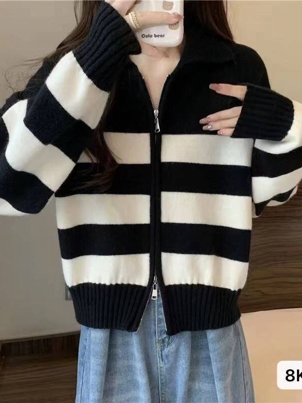 Ženski prugasti pleteni kardigan za plus size, jesen-zima, elegantan izgled, s dvostrukim zatvaračem