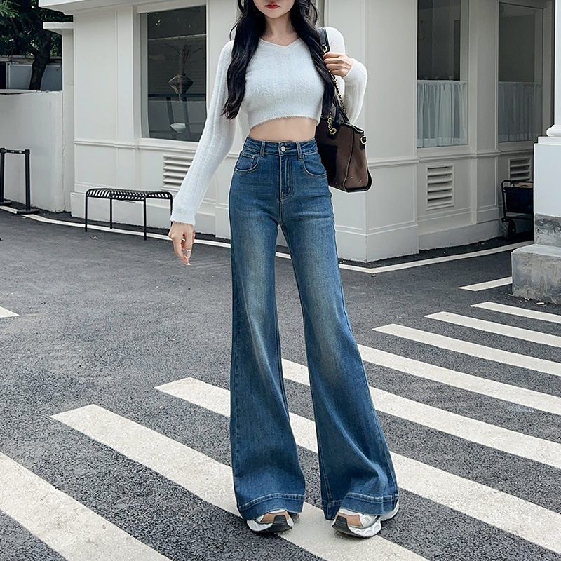 Ženske traperice s visokim strukom, blago proširene nogavice, elastične, široke noge, jesen-zima 2025