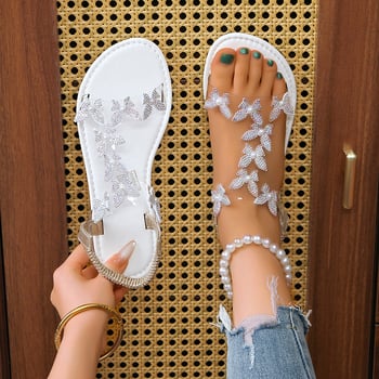 Sandale plate pentru femei, vârf rotund, bretea elastică cu model de fluture, cristale și perle, pentru plajă