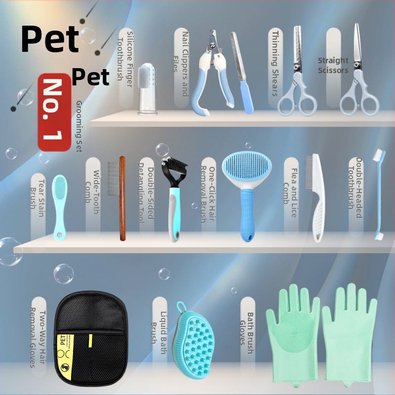 Kit de îngrijire pentru animale de companie: pieptene descurcător, perie pentru păr, foarfecă de tuns, tăietor de unghii, set de îngrijire pentru pisică și câine