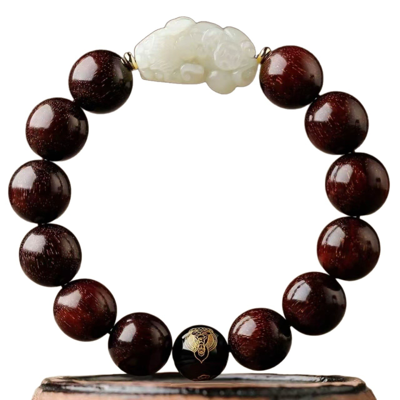 Muška narukvica od ružinog drveta s Pixiuem od Hetian Jade, drveni budistički perli, ručna izrada, 13 perli, promjer 15 mm