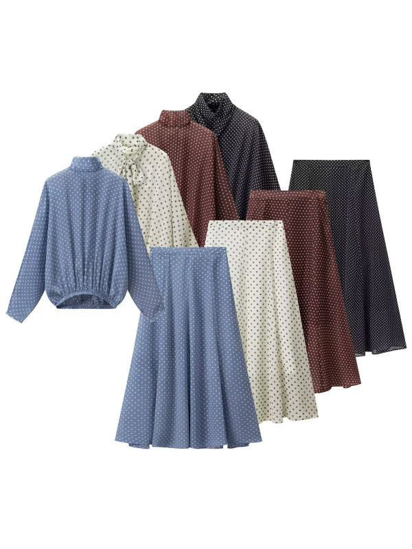 Točkasti dvodjelni ženski set – bluza s dugim rukavima i suknja srednje dužine, proljetno-jesenski casual stil