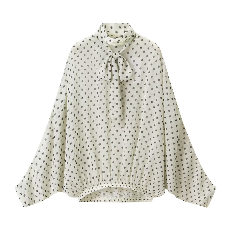 Točkasti dvodjelni ženski set – bluza s dugim rukavima i suknja srednje dužine, proljetno-jesenski casual stil