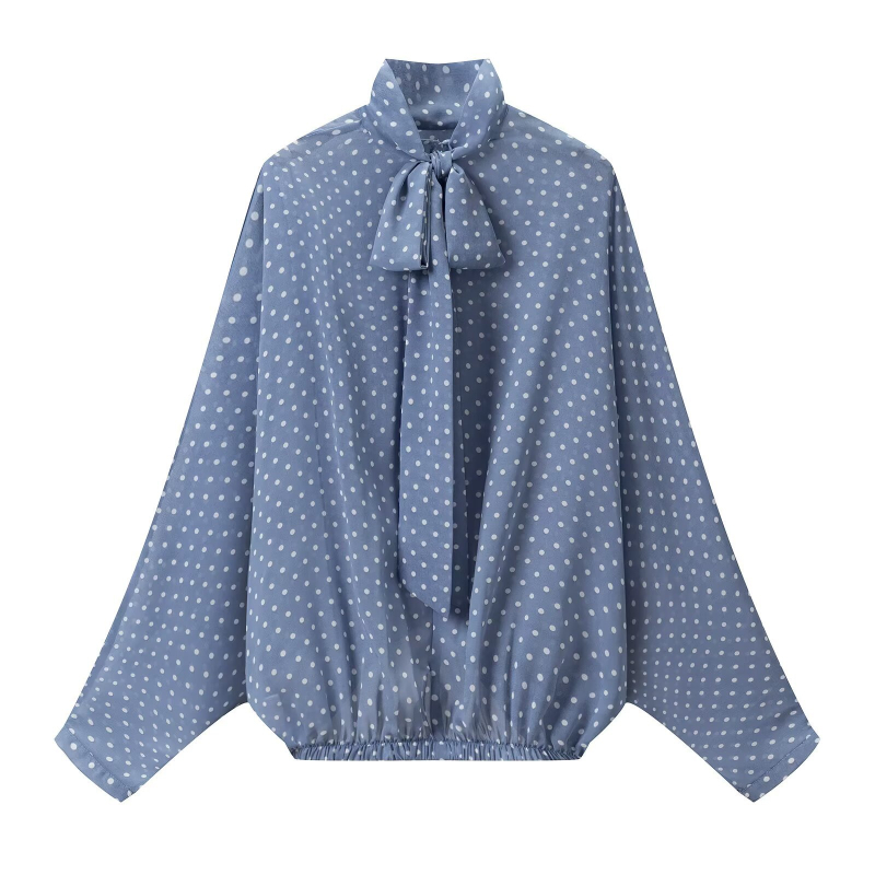 Točkasti dvodjelni ženski set – bluza s dugim rukavima i suknja srednje dužine, proljetno-jesenski casual stil
