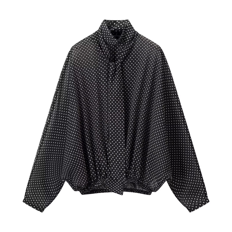 Točkasti dvodjelni ženski set – bluza s dugim rukavima i suknja srednje dužine, proljetno-jesenski casual stil