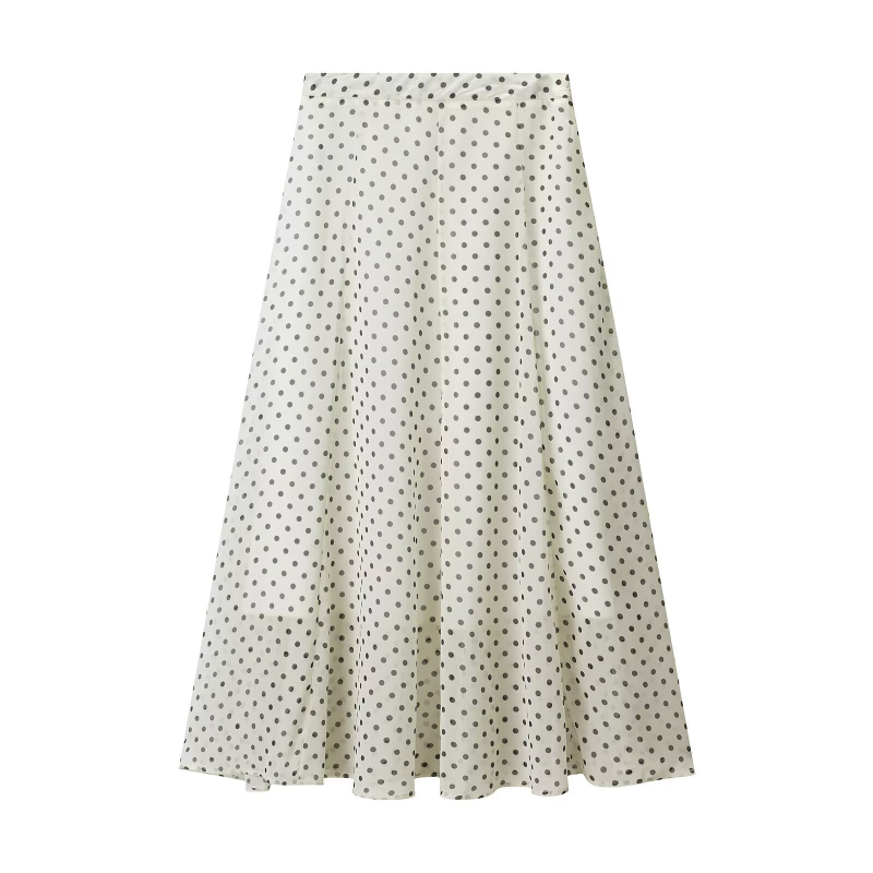 Točkasti dvodjelni ženski set – bluza s dugim rukavima i suknja srednje dužine, proljetno-jesenski casual stil