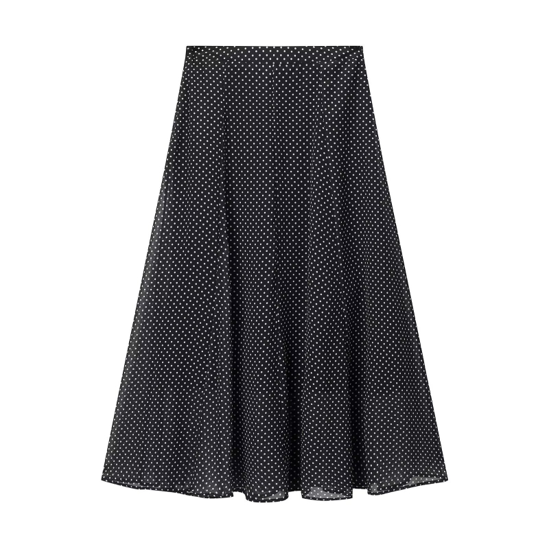 Točkasti dvodjelni ženski set – bluza s dugim rukavima i suknja srednje dužine, proljetno-jesenski casual stil