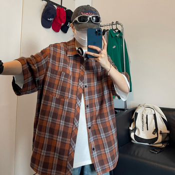 Muška ljetna karirana košulja – opuštena silueta, kratki rukav, pamut-polijester smjesa, bez glačanja, četvrtasti ovratnik, casual mlada moda