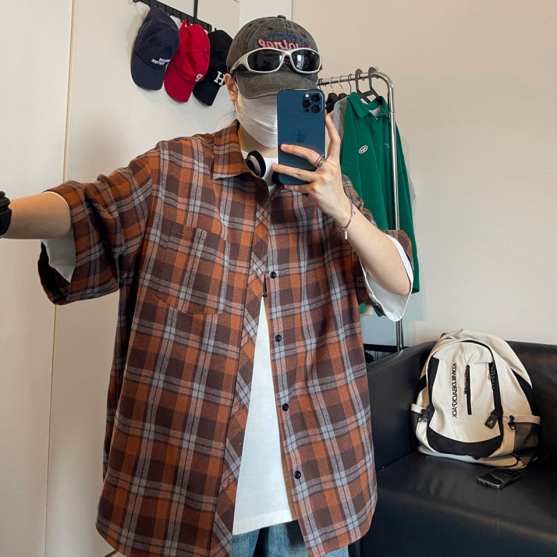 Muška ljetna karirana košulja – opuštena silueta, kratki rukav, pamut-polijester smjesa, bez glačanja, četvrtasti ovratnik, casual mlada moda