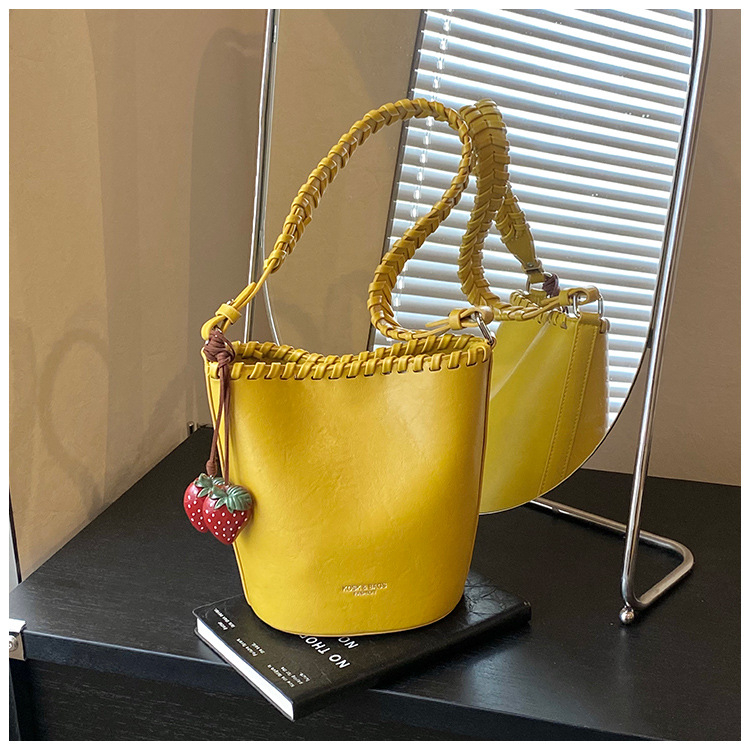 Vară 2026: Geantă bucket crossbody în stil coreean, culoare solidă, capacitate mare, piele PU, buzunar pentru telefon