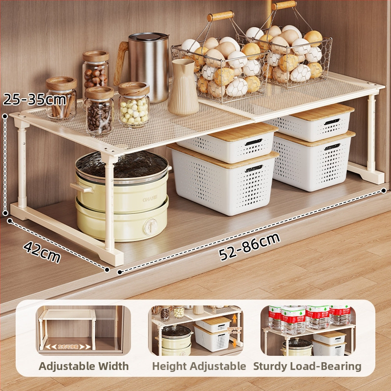 Výsuvný vrstvený kuchynský úložný regál do skriniek, deliaca priečka pod sporák, viacúčelový organizér na hrnce a koreniny