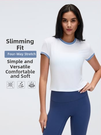 Dámske letné tričko s krátkym rukávom, všestranný športový top v kontrastnej farbe, oblečenie na behanie, fitness a jogu D26053