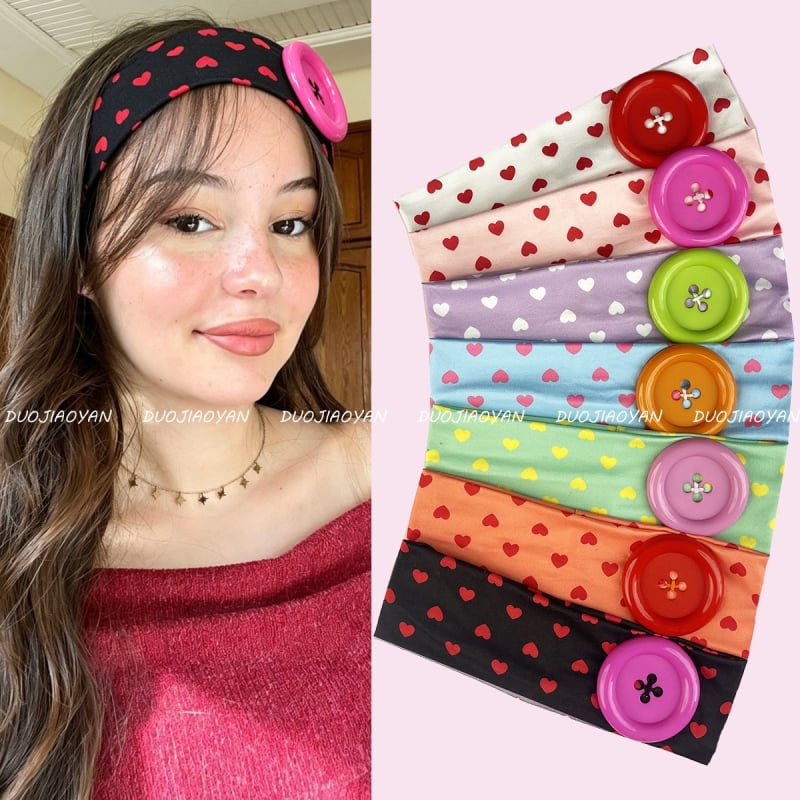 Bentiță de vară cu nasturi mari, stil Instagram, imprimeu inimioare, design de nișă, făcută manual