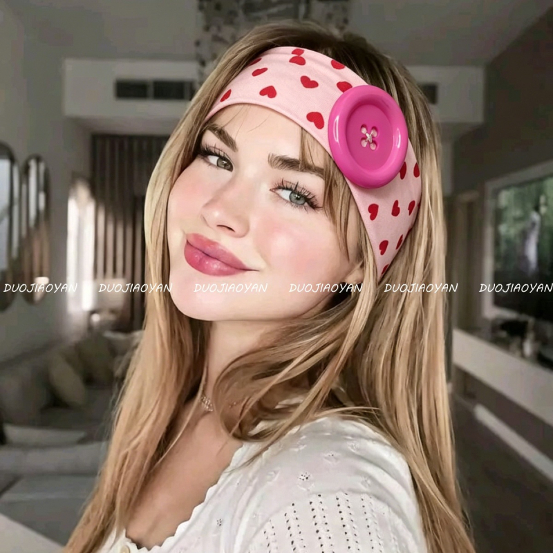 Bentiță de vară cu nasturi mari, stil Instagram, imprimeu inimioare, design de nișă, făcută manual