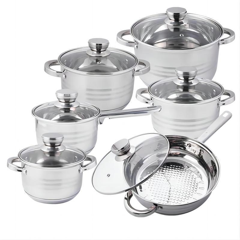 Комплект тенджери от неръждаема стомана с трислойно дно, капаци, размери 18–26 см
