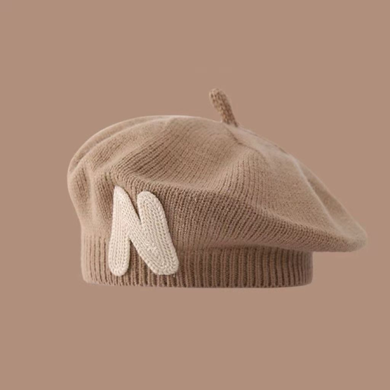 Dječja pletena kapa u korejskom stilu za jesen/zimu, s appliqué natpisom N, slatka i topla.